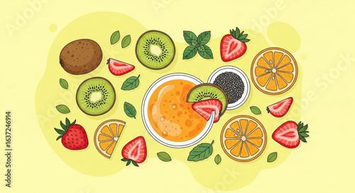 Delicious fruit smoothie bowl recipe with kiwi strawberry and orange for healthy eating and summer refreshment