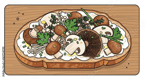 Mushroom toast recipe delicious gourmet appetizer open faced sandwich with creamy cheese and herbs on wood board