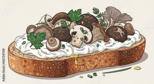 Mushroom toast recipe with creamy cheese spread and fresh herbs delicious gourmet food illustration