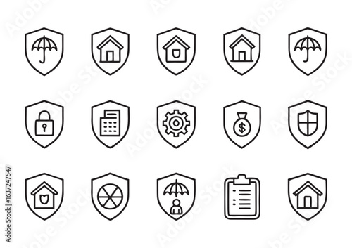 Insurance and Security Shield Icons Collection for Home Finance Protection and Safety Vector Set