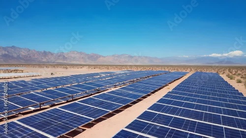 Vast solar farm with rows of photovoltaic panels in a desert landscape. Renewable energy power plant generating sustainable electricity.