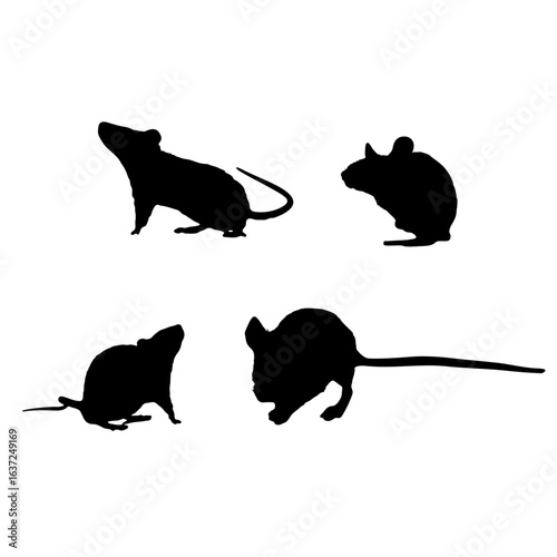 Set of rat or mouse silhouettes, in black on white background
