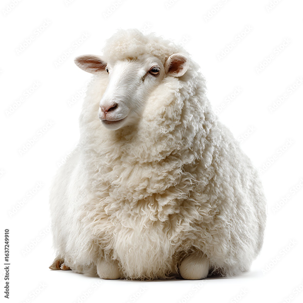 Fototapeta premium A fluffy sheep resting on the ground, perfect for farm-themed content or animal education