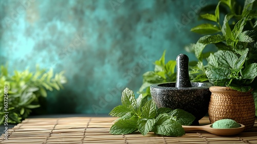 Green mint leaves mortar and pestle with powder on bamboo mat herbs wellness
