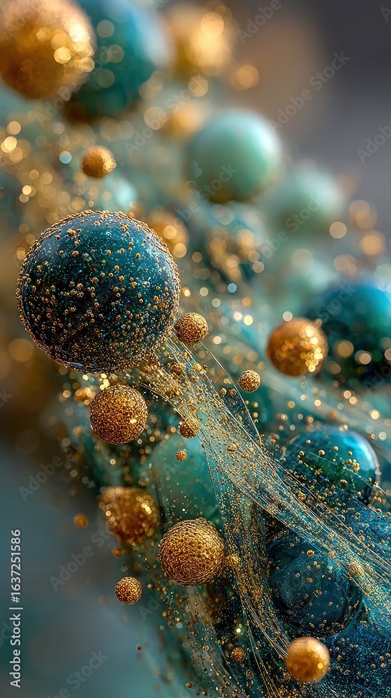 Fototapeta premium Abstract spheres, teal and gold, flowing