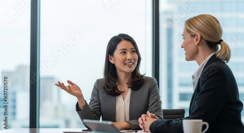 外国人上司と英語で会話する日本人女性社員