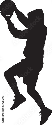 Black Silhouette of a Street-Style Basketball Player Wearing a Hoodie Shooting the Ball, Isolated on White Background