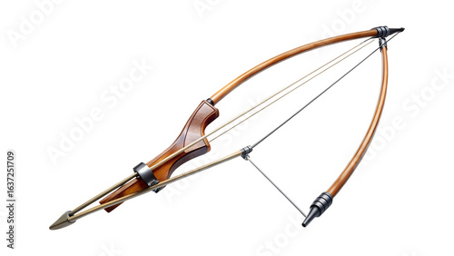 Vintage wooden bow and arrow isolated on transparent background, showcasing traditional archery equipment for sport, hunting, and historical recreation
