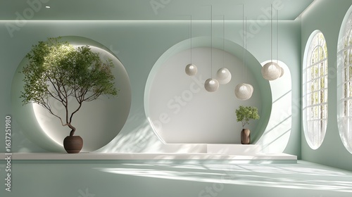 Tranquil interior scene with soft mint green tones and circular features.
