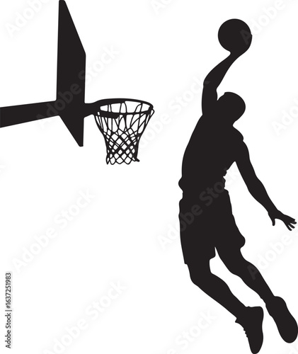Black Silhouette of Offensive Player Dunking Over Defensive Player, Isolated on White Background