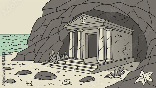 Cartoon tomb on beach with ocean view, ancient temple, cave entrance, and rocky landscape vector illustration