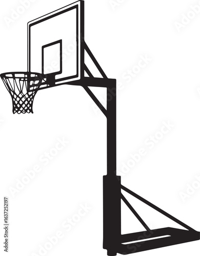 Black Silhouette of Outdoor Basketball Hoop on Pole with Base, Isolated on White Background