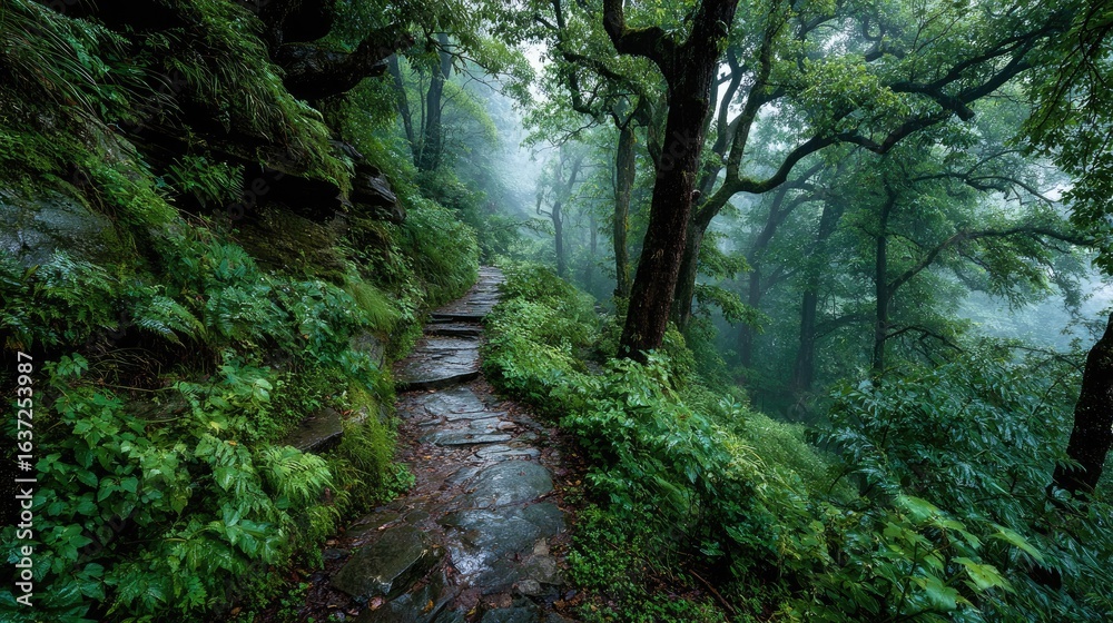 Obraz premium Misty mountain path through lush, verdant forest