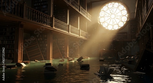 Sunbeams illuminate a forgotten library submerged in water, a world of lost knowledge and decaying books in a ruined hall.