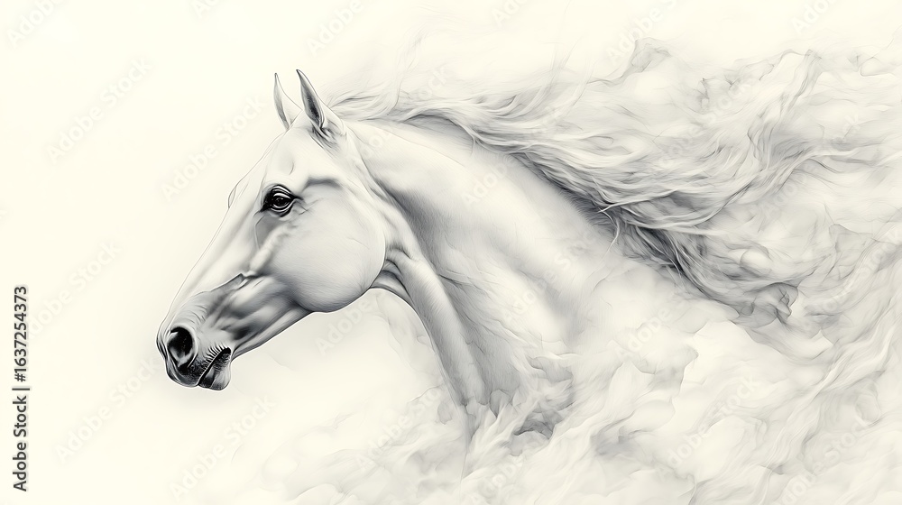 Obraz premium Monochromatic illustration of horse head and neck in sketch/pencil style; light-colored horse in profile facing left, long flowing mane blending into soft ethereal cloud-like smoke wisps (occupying ri