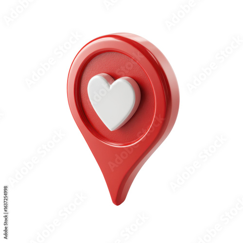Heart-shaped map marker indicating a place of affection in a vibrant city setting