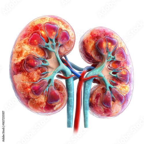 Detailed illustration of human kidneys showcasing anatomy and function in the renal system