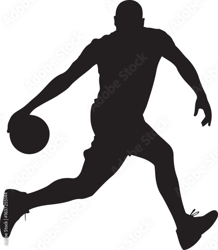 Black Silhouette of Basketball Player Performing Crossover Dribble with Ball Close to Floor, Isolated on White Background