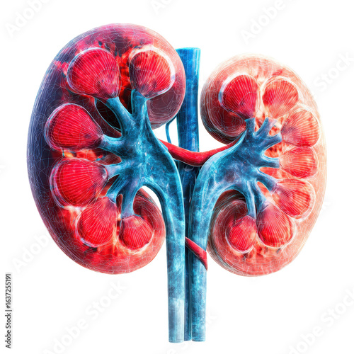 Detailed anatomical representation of human kidneys showcasing blood circulation and function in the body