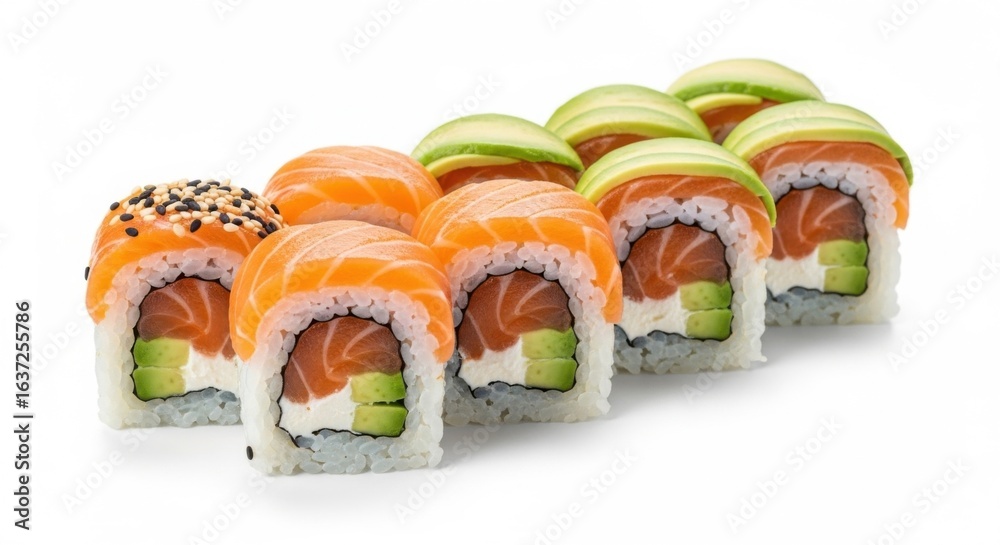 Sushi roll with salmon and avocado on white background Sushi roll with salmon and avocado on white background