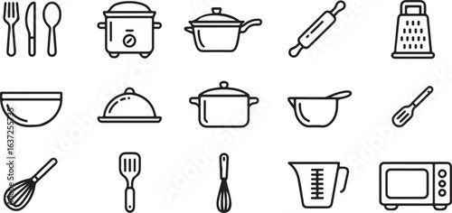 Kitchen Utensil Line Icon Set for Cooking and Baking

