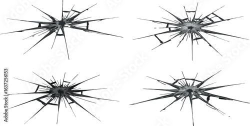 Four Fractured Glass Impact Points on White Backdrop for Grunge Effects