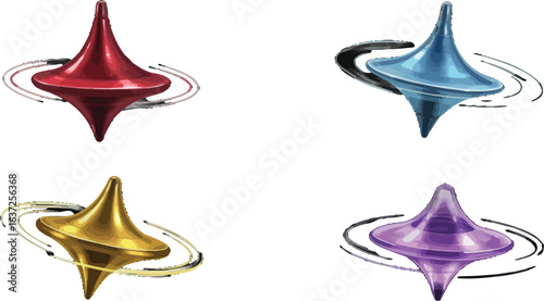 Colorful spinning tops collection in motion blur effects illustration art