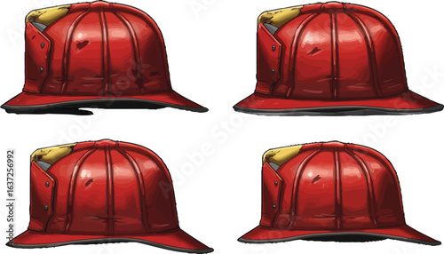 Conceptual representation of red fireman helmets set against a white backdrop