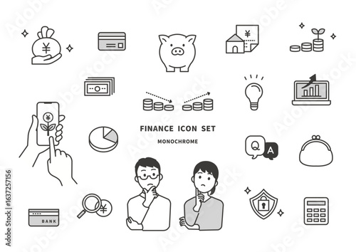 お金や資産運用に関するアイコンセットと男女のイラスト（モノクロ・ベクター）
