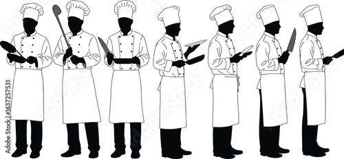 Silhouette of professional chefs holding kitchen utensils, cooking tools, knives, spoons, frying pans, restaurant staff, culinary art, food preparation illustration