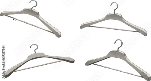 Four stylized wooden clothes hangers arranged in a square pattern