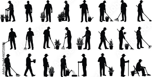 Silhouette of gardeners performing various activities, watering, raking, planting, carrying tools, horticulture work, agriculture, garden maintenance, farming, potted plants illustration