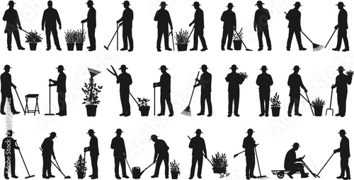 Silhouette of gardeners working with plants, rakes, watering cans, potted flowers, agriculture and horticulture tools, gardening activity, vector illustration set