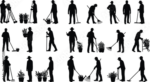 Silhouette of gardeners working with plants, garden tools, watering cans, rakes, potted flowers, farming activity, vector illustration, agriculture and horticulture concept