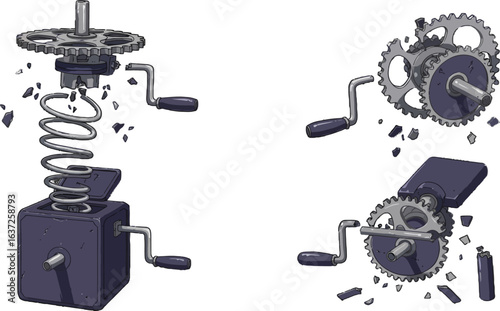 Exploded mechanical systems, cogwheels, springs, crank levers, engineering design