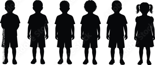 Silhouette of children standing together, boys and girls vector illustration, black outline kids, school student design, group childhood concept art, vector