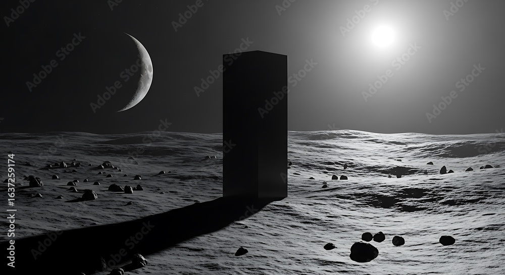 Fototapeta premium Photo of monolith on a moon surface under the moonlight in a science fiction scene
