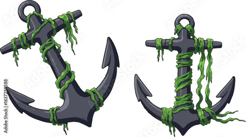 Weathered maritime anchors entwined with sea flora, nautical themed illustration
