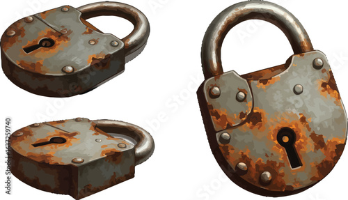 Set of Three Differently Positioned Old Rusted Padlocks on a White Backdrop