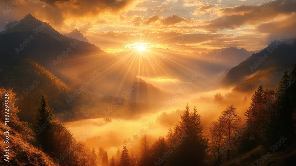 Obraz premium Golden sunrise over a misty mountain valley.