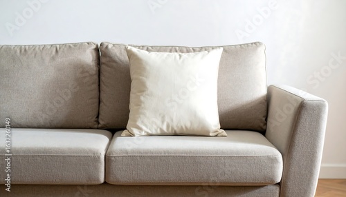 Modern living room detail featuring a comfortable beige fabric sofa with a single white decorative cushion. Minimalist home interior concept.
