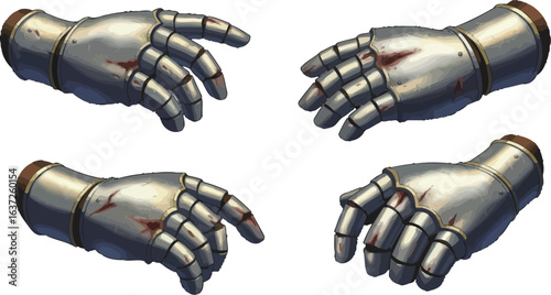 Four armoured gauntlets with battle scars, ready for medieval conflict