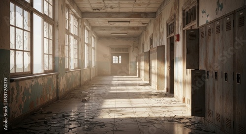 Bandoned school hallway with broken windows and rusted lockers, evoking a sense of decay and forgotten memories, perfect for post-apocalyptic or horror themes