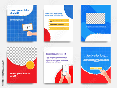 Red social media tutorial, tips, trick, did you know post banner layout template set with sticky paper note clips design element