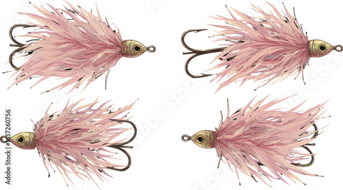 Elegant pastel pink fishing flies set against a pristine white backdrop