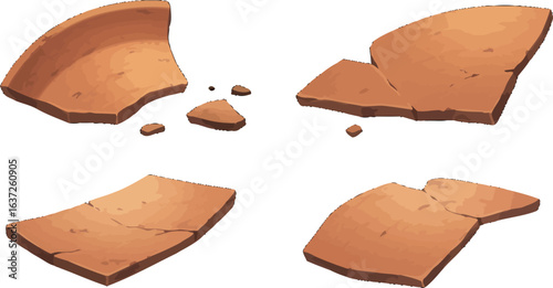 Illustration displaying shattered clay pieces scattered on a light backdrop