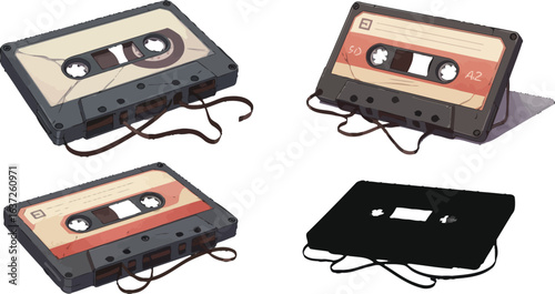 Collection of Vintage Cassette Tapes with Tangled Ribbon Illustration