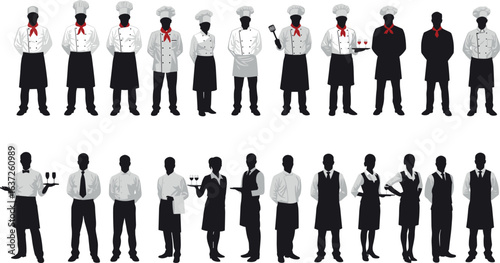Silhouette of chefs and waiters, restaurant staff illustration, culinary team, hospitality workers, food service, kitchen crew