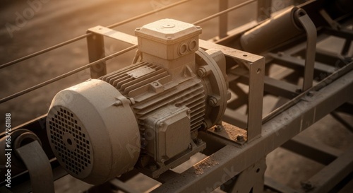 Industrial electric motor on conveyor belt system, showcasing engineering, automation