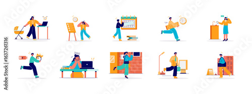 Busy people illustrations set. Flat vector illustrations concept.